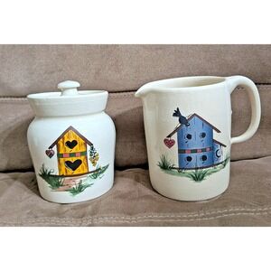 Vintage YesterYears Hand Turned Pottery Crock & Pitcher Birdhouses Country Core
